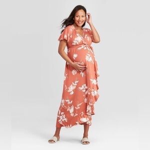 NWT - Isabel Maternity by Ingrid & Isabel Women’s M Coral Orange Midi Wrap Dress